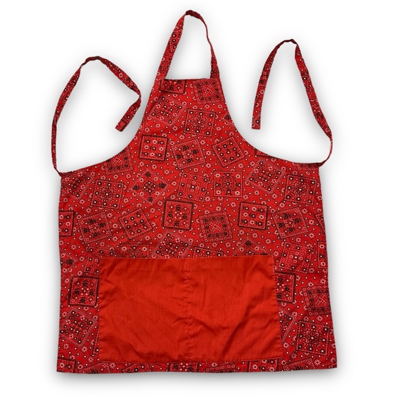 Red Cloth Tie Apron Chef Cooking Pockets Paisley Geometric Print - Picture 1 of 15